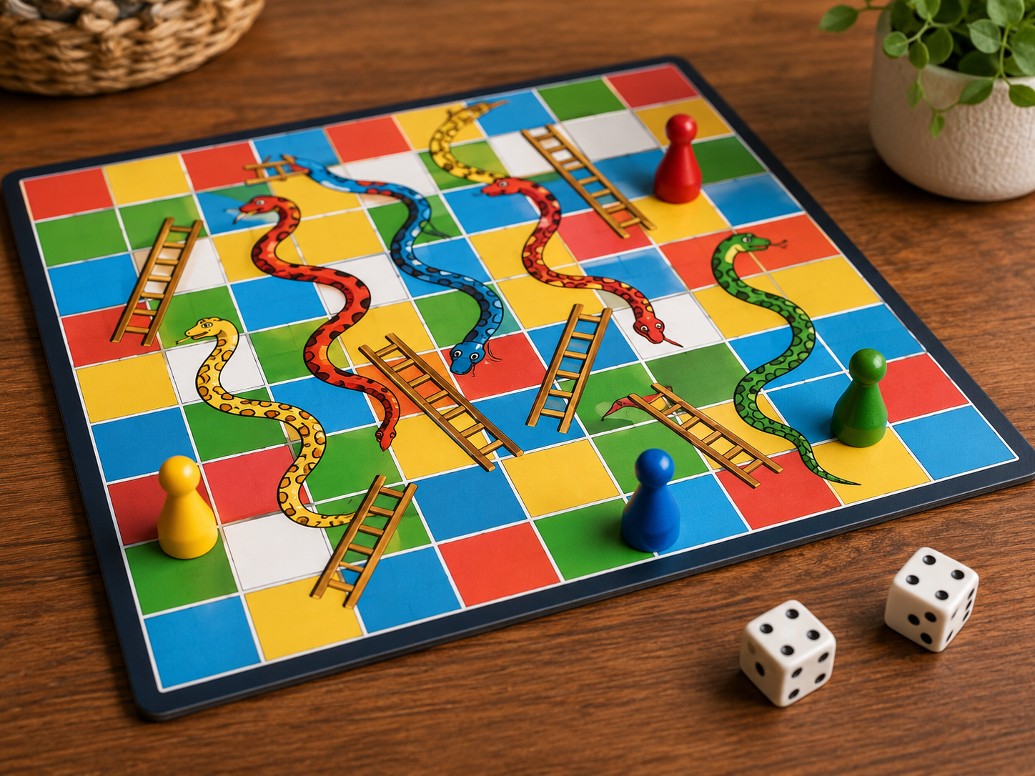 Snakes and ladders board